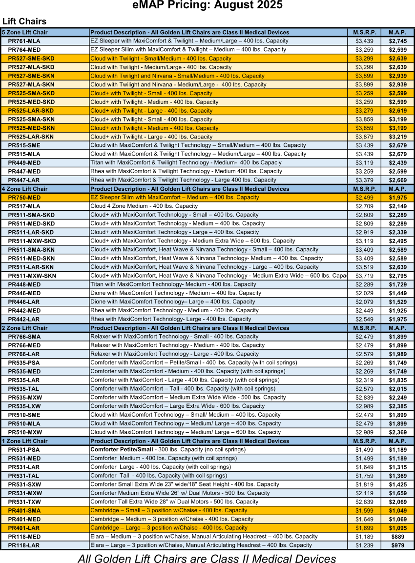 Golden lift chair pricing