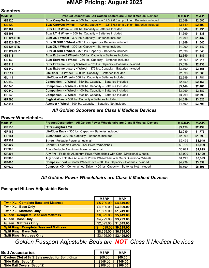 Golden scooter and power wheelchair pricing