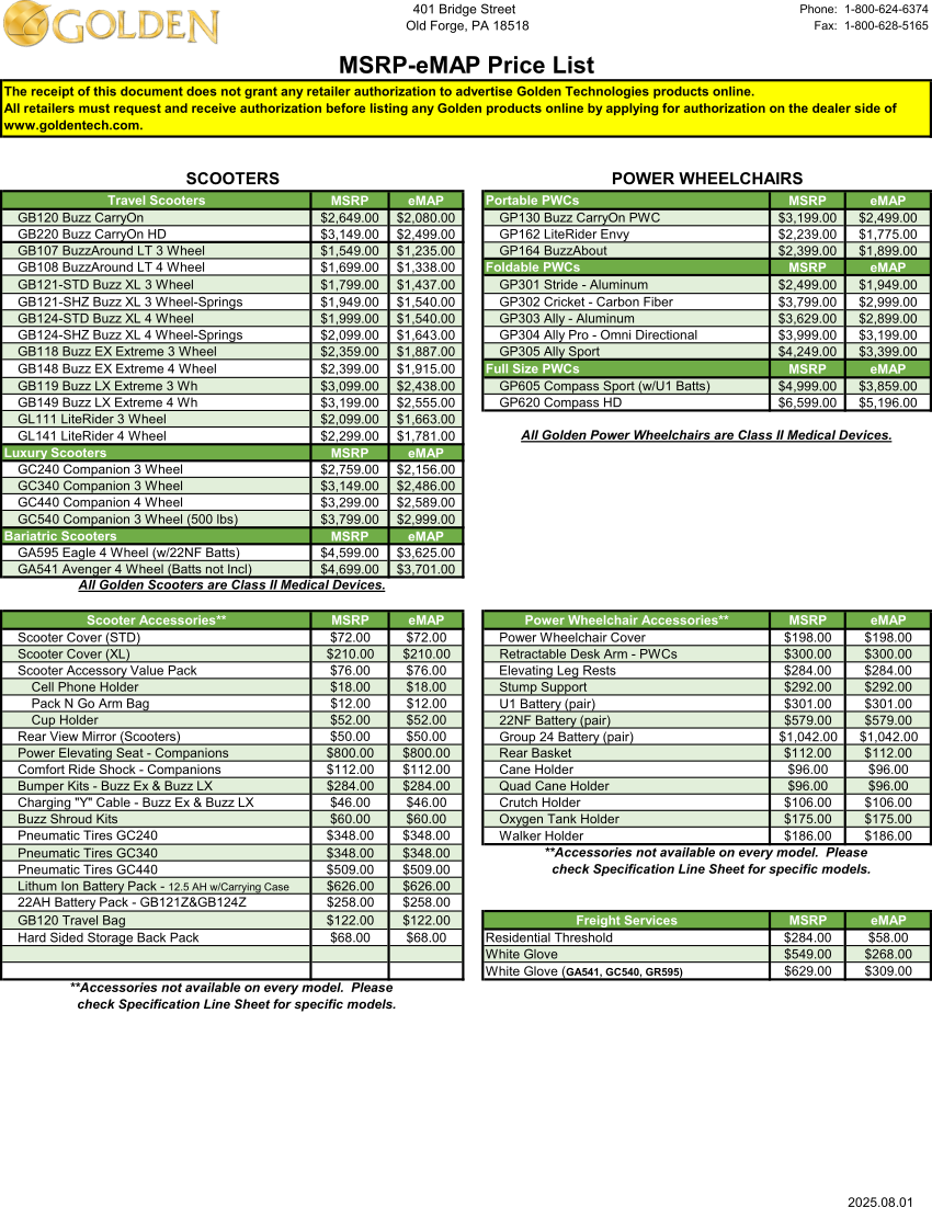 Golden scooter and power wheelchair pricing
